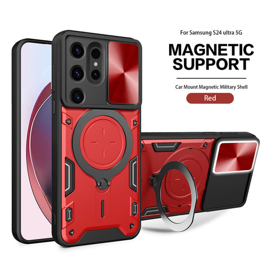 TPU PC Shockproof Magnetic Phone Case with Free Adjustment Ring Holder For Samsung Galaxy S24 Ultra in Red - Heavy Duty & Reliable