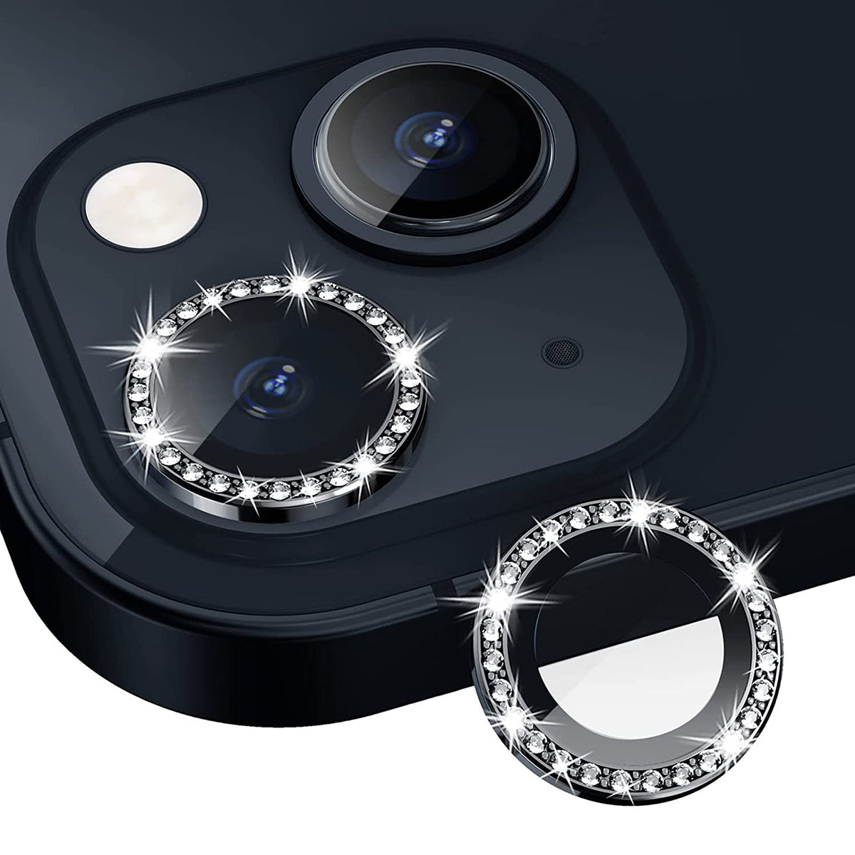 iPhone 14 Compatible Diamond Camera Lens Protector, Diamond Tempered Glass Camera Cover Screen Protector for iPhone 14 / iPhone 14 Plus In Black - Premium Protection by