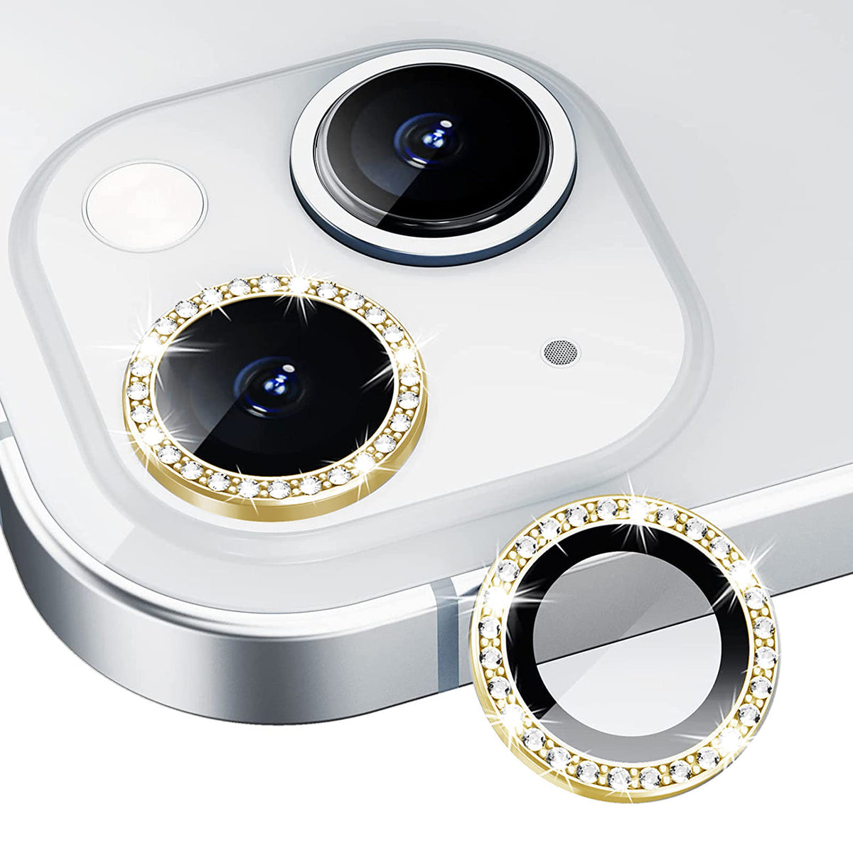 iPhone 14 Compatible Diamond Camera Lens Protector, Diamond Tempered Glass Camera Cover Screen Protector for iPhone 14 / iPhone 14 Plus In Gold - Heavy Duty Protection by