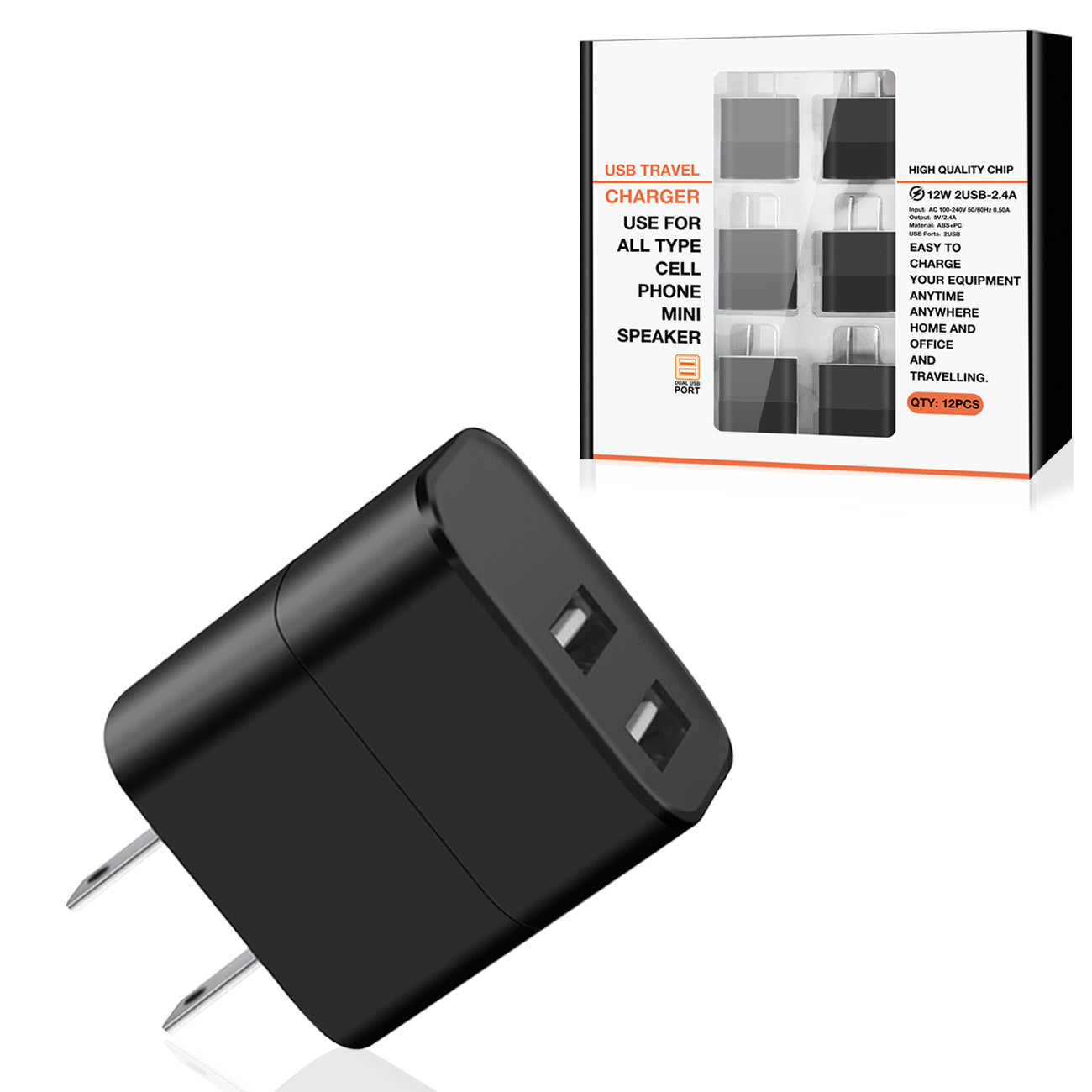 Dual Port USB Wall Charger/ Power Adapter/ Charging Block In Black (12pcs) - Crystal Clear & Reliable