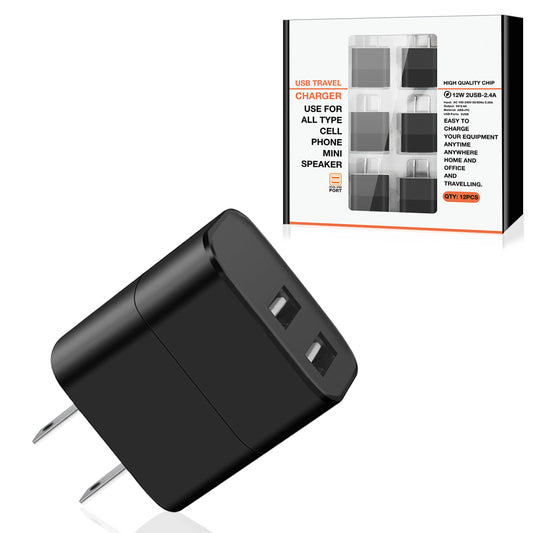 Dual Port USB Wall Charger/ Power Adapter/ Charging Block In Black (12pcs) - Crystal Clear & Reliable