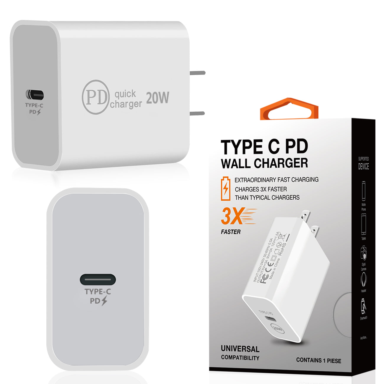 20W Power Delivery Travel Wall Charger Adapter with Type-C Port In White - Heavy Duty & Reliable