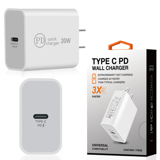 20W Power Delivery Travel Wall Charger Adapter with Type-C Port In White - Heavy Duty & Reliable