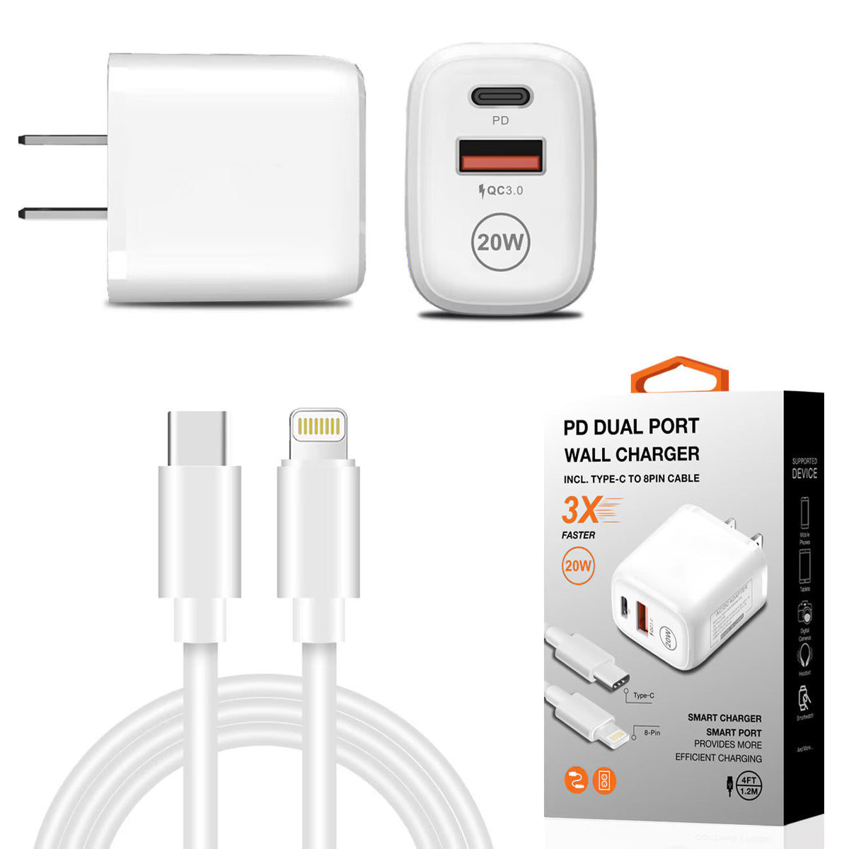20W PD Dual Ports Travel Wall Charger Adapter Fast Charging with 4FT USB-C To 8-PIN Cable WC2IN1-PD8PWH - Crystal Clear & Reliable